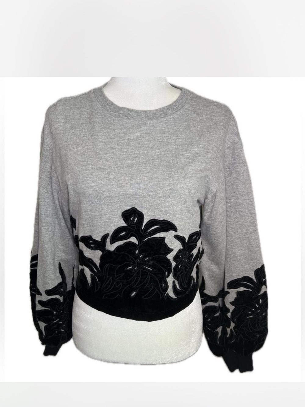 Anthropologie Gray Sweatshirt with Black Velvet Floral Appliqué - Picture 3 of 15